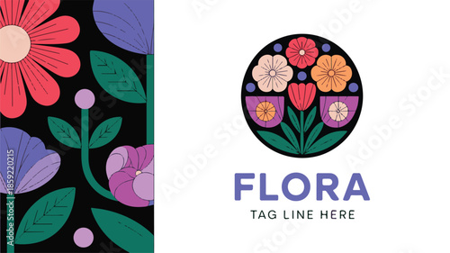 An illustration of colorful flowers in a circular logo design with a black background and floral patterns