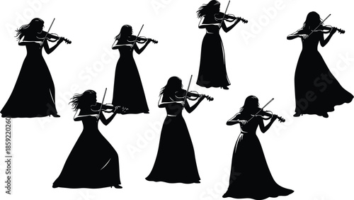 Silhouette of female violinist playing violin in long dress, musical performer vector illustration set, elegant classical musician woman string instrument player collection