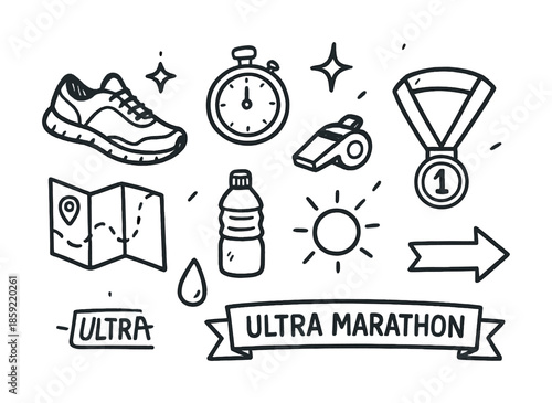 Ultra marathon doodle set: shoes, stopwatch, medal, and map elements