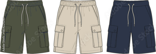 Men cargo shorts illustration set, casual summer utility pocket drawstring shorts in olive beige navy colors fashion vector
