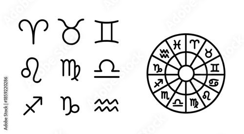 Astrology symbols and zodiac wheel outline - aries, taurus, gemini to pisces