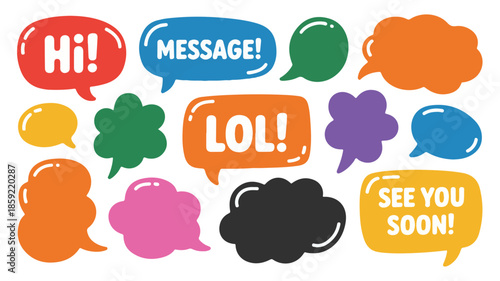 Vibrant Speech Bubbles Illustrating Various Emotions and Messages in a Playful Digital Environment
