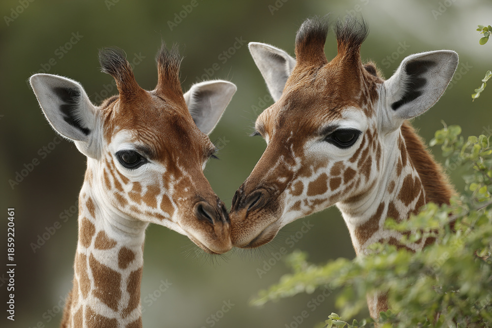 Obraz premium Two young giraffes touching noses in close up wildlife scene with soft natural background and green foliage, showing gentle interaction and tender moment in nature