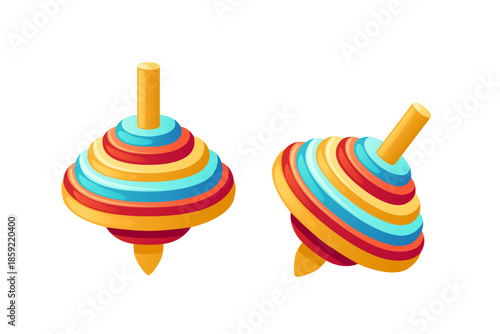 Colorful spinning tops set. Two whirligigs with rainbow stripes in red, orange, yellow, green, and blue. Traditional toy design with orange handle. Classic children game element. Vector illustration