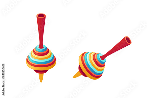 Rainbow striped spinning tops. Two colorful whirligigs with vibrant diagonal pattern. Bright traditional toys with red and yellow handles. Classic children game elements. Vector illustration