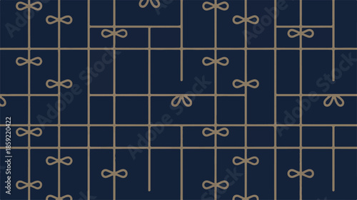 A seamless pattern design featuring stylized bows and grid lines on a navy blue background
