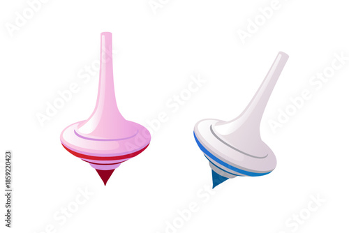 Pink and blue spinning tops pair. Two pastel colored whirligigs with soft tones. Gentle traditional children toys. Classic entertainment objects with colorful handles. Vector illustration
