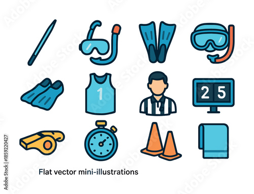 Icon set: diving gear, sports equipment, male referee, stopwatch, towel