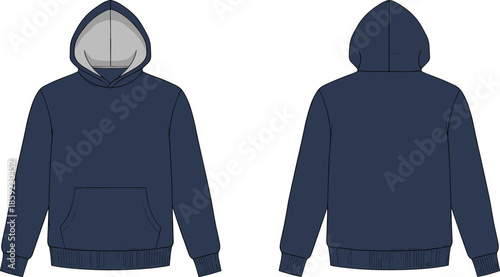 Men hoodie sweatshirt technical fashion illustration, front back view long sleeve hooded casual apparel flat vector