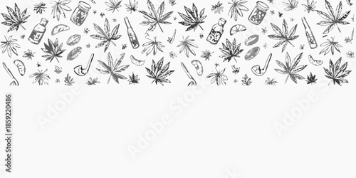 A sketch pattern featuring cannabis leaves joints and related paraphernalia