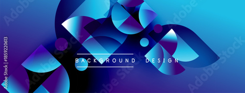 Abstract blue design features overlapping geometric shapes, gradients, dynamic composition. Modern aesthetic suitable for backgrounds, presentations.