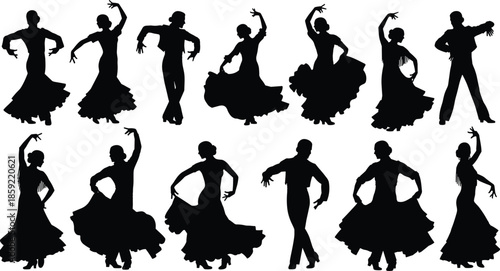 Silhouette of professional violinist playing violin, musical performer vector illustration set, elegant classical musician woman and man string instrument player collection, black white,