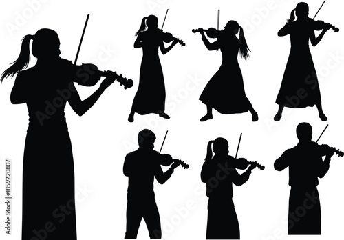 Silhouette of young violinist playing violin in long dress, musical performer vector illustration set, elegant classical musician woman string instrument player collection,
