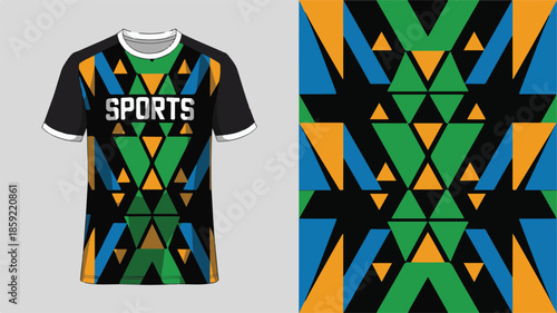 A stylized sports jersey design featuring geometric patterns and vibrant colors.