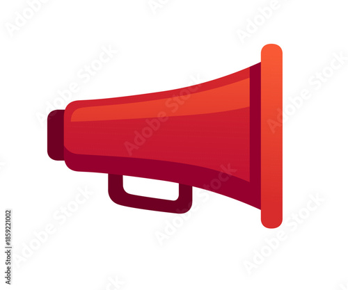 Red megaphone with handle and trigger. Bright loudspeaker for public announcements and marketing. Communication device for protests and events. Modern design element. Vector illustration