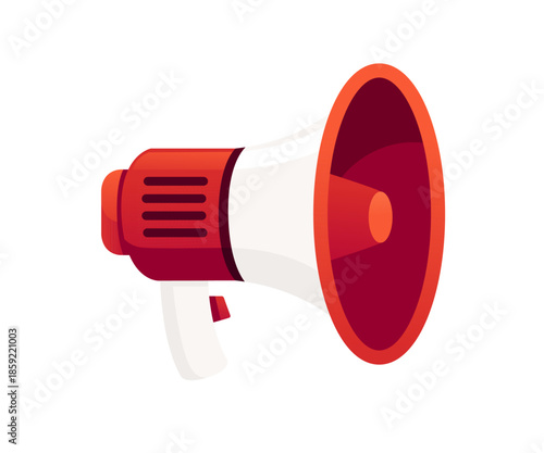 Red and white megaphone with handle. Loudspeaker for announcements and marketing. Communication device for protests and events. Bright design element for presentations. Vector illustration.