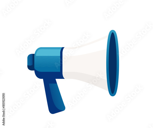 Blue megaphone with handle. Handheld loudspeaker for public announcements and communication. Protest and rally device. Marketing tool for campaigns. Modern design. Vector illustration