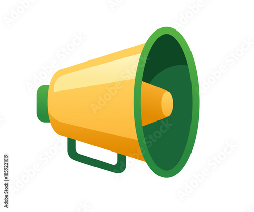 Yellow and green megaphone with handle. Bright loudspeaker for announcements and marketing campaigns. Communication device for public speaking. Modern design element. Vector illustration.