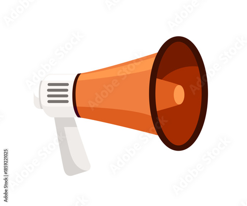 Orange megaphone with white handle. Bright loudspeaker for public announcements and marketing campaigns. Communication device for events and protests. Modern design. Vector illustration