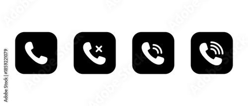 Phone call ring icon set in black square. Ringing handset symbol