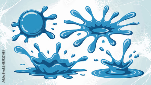 Vibrant blue splashes of water droplets on a light background, creating a playful and dynamic scene from a top viewpoint.