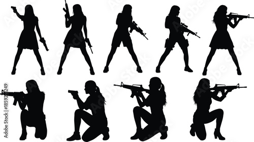 silhouette, woman, weapon, rifle, pistol, tactical, agent, assassin, military, fighter, combat, action, female, gun, security,