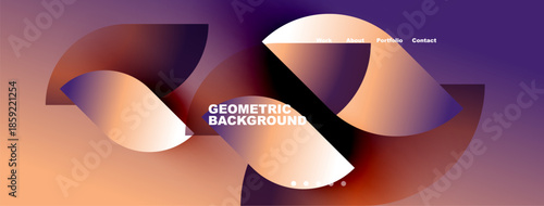 Abstract design features flowing shapes, warm colors, text overlay. Navigation menu present at top, simple dots below. Modern aesthetic.