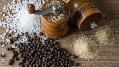 Spices and seasonings on a wooden table with a pepper mill and salt mill