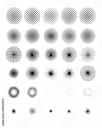 Arrangement of grayscale dotted circles in varying sizes and densities