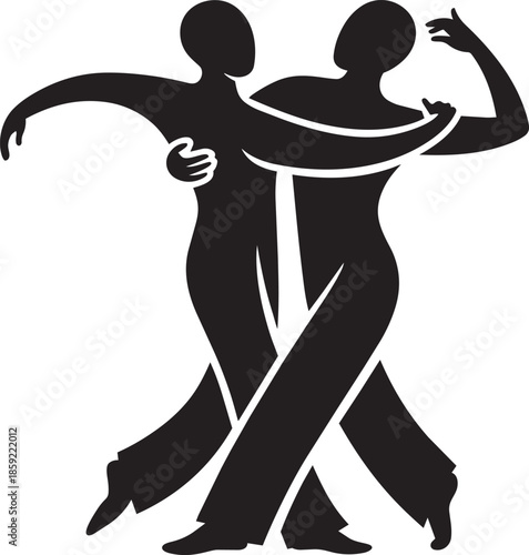 Dynamic silhouette of two dancers holding close during energetic and expressive ballroom routine