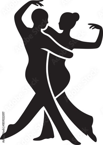 Elegant ballroom dancing couple in tight embrace performing passionate latin rhythm move