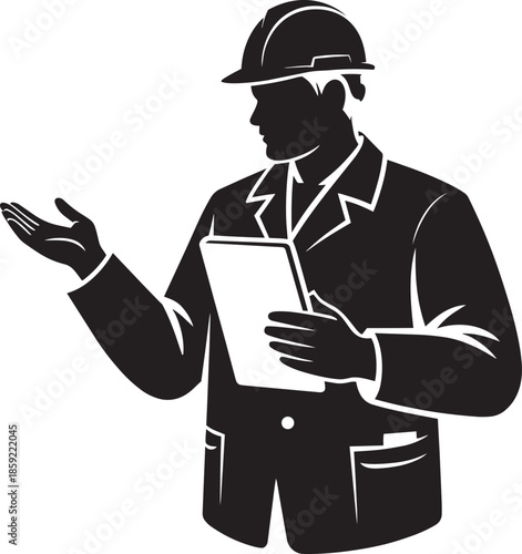 Engineer architect supervisor silhouette wearing hard hat holding clipboard gesturing construction planning worker vector.