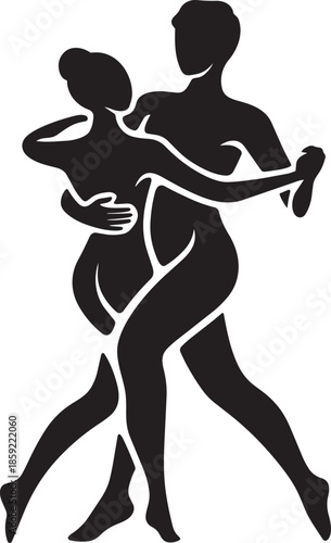 Intense silhouette of passionate dance partners in closed embrace performing dramatic dance step