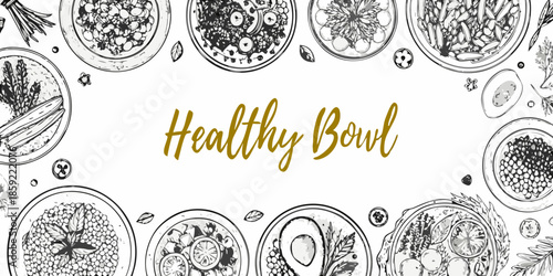 A collection of sketch style healthy bowls with various ingredients and culinary themes