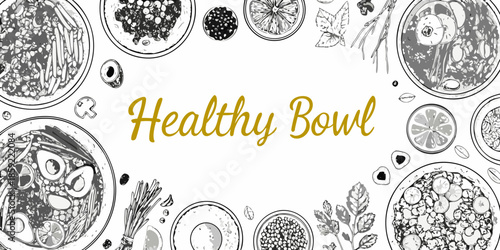 A decorative arrangement of illustrated food items including bowls and citrus fruits