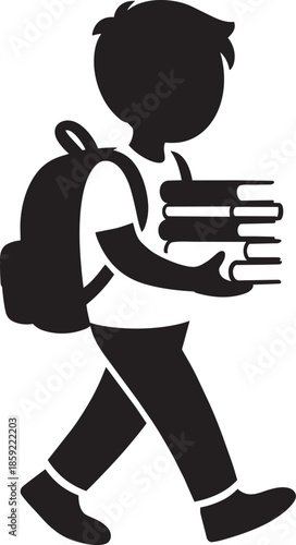 Student boy with backpack carrying stack of books isolated on transparent background
