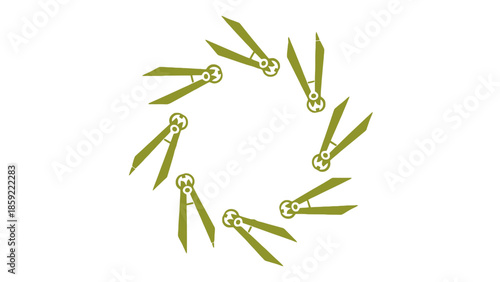 A circular arrangement of open scissors on a white background.