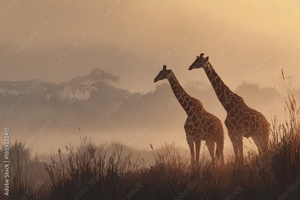 Obraz premium Two giraffe standing in tall grass during misty sunrise with soft warm light creating peaceful African savanna scene full of natural beauty and calm atmosphere