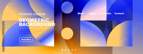 Abstract geometric background design. Vibrant colors, shapes overlap creating modern visual experience. Navigation menu present.