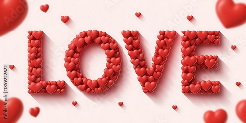 The word LOVE spelled with 3D red hearts on soft pink background for Valentine day