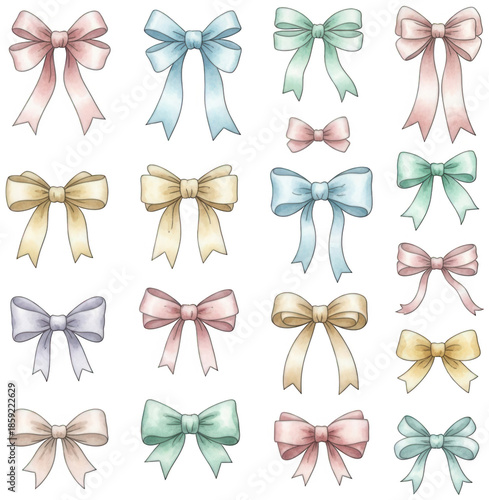Collection of watercolor hand painted pastel ribbon bows in various colors