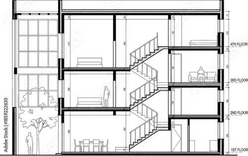 Architectural building section drawing, modern residential floor plan, interior staircase cross section, blueprint design with multi storey layout, technical architecture illustration 
