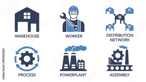 Industrial Process Icons in Modern Flat Design with Blue Color Scheme for Infographics and Business Presentations