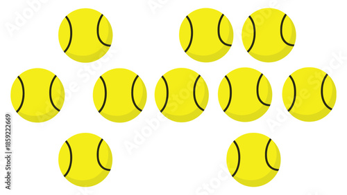 Ten bright yellow tennis balls are arranged in a scattered pattern on a white background.