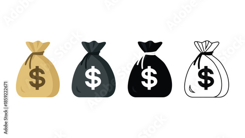 Four stylized money bags with dollar signs are displayed in a row.