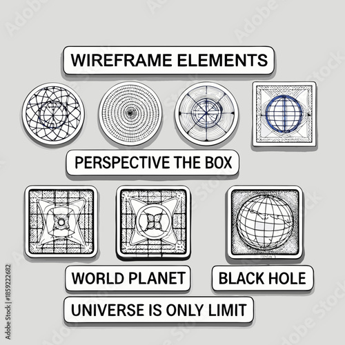 Wireframe designs incorporating perspective planets and concepts of the universe