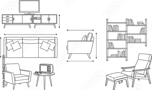 Modern living room furniture layout blueprint illustration, interior design plan with sofa, armchair, bookshelf, tv cabinet, coffee table, lounge chair, vector line art