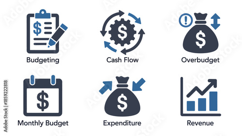 Financial icons set in modern minimalist style with dark blue color scheme on white background for business infographics