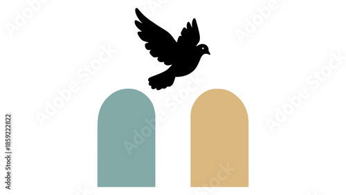 A dove flies above two simple gravestones on a white background.