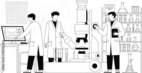 Scientific laboratory research illustration, scientists working with microscope, chemistry equipment, data analysis, medical technology, teamwork concept, modern science lab environment,